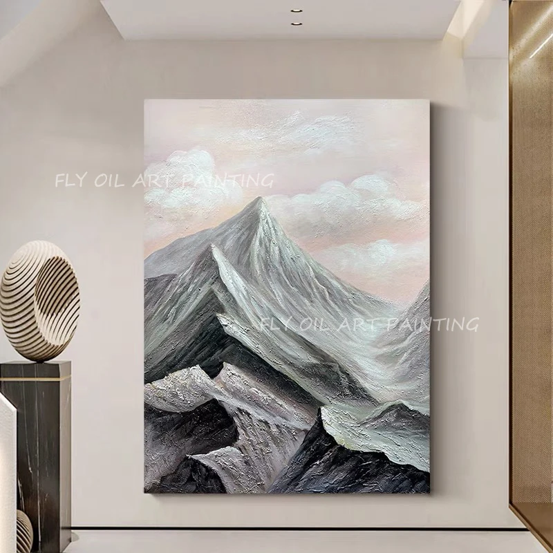 100% Handmade mountain top sliver grey canvas thick knife landscape picture Oil Painting Porch Aisle For Living Room as a gift