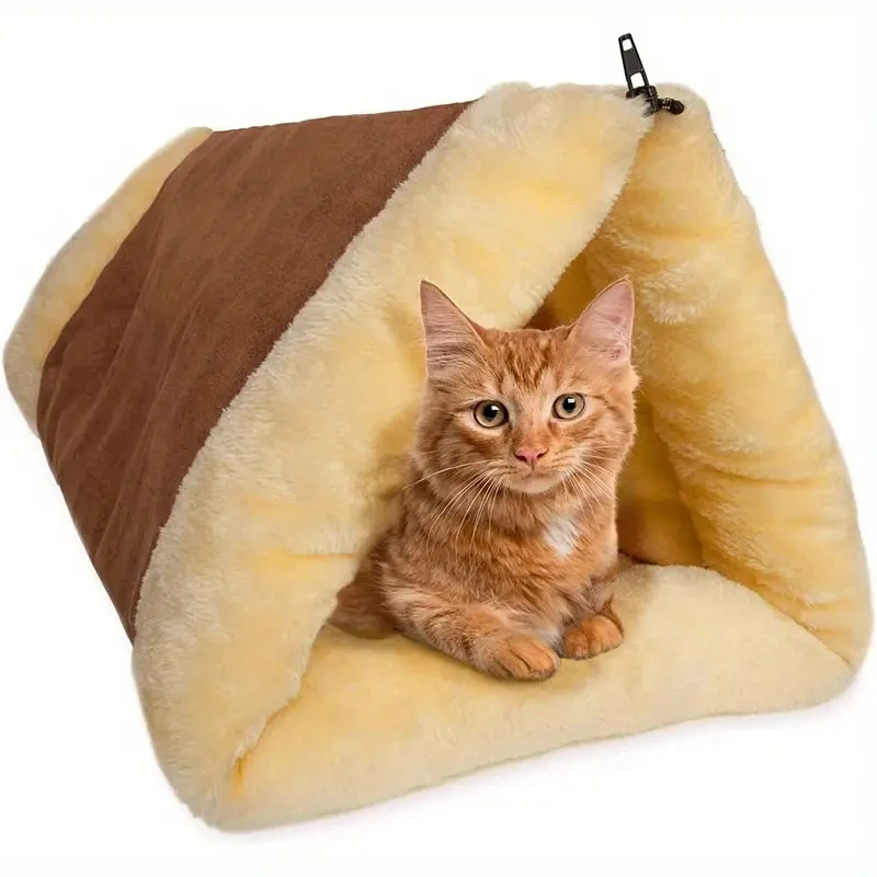 Cat Bed 2-in-1 Fleece Tunnel Tube Cave For Indoor Cats Kitten, Pet Self Warm Covered Mat Pad, Soft Portable Folding Pet Mat