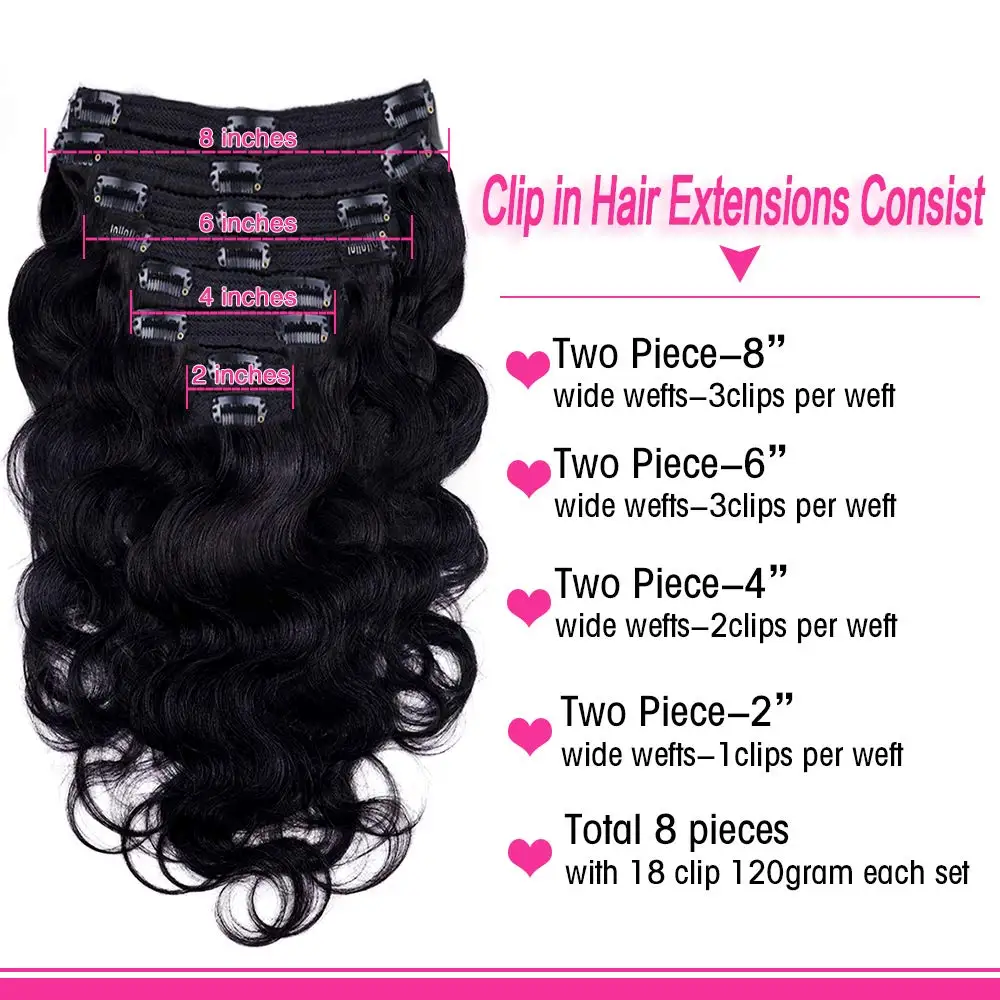 Body Wave Clip in ekstensi rambut 100% rambut manusia dengan Double Weft Brasil klip di 8Pcs 120G untuk hitam wanita klip Ins rambut # 1B