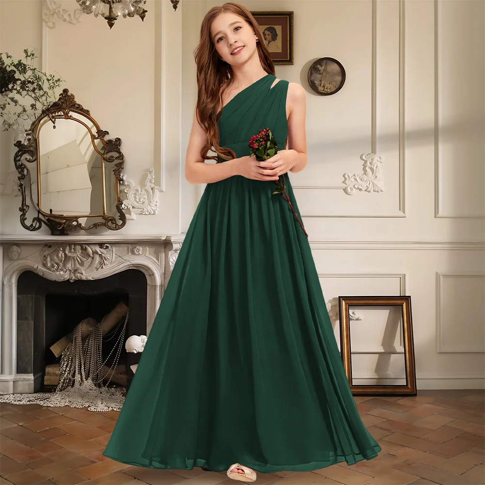 

A Line One Shoulder Floor Length Chiffon Junior Bridesmaid Dress Sleeveless With Pleating Flower Girl Dress Wedding Party Formal