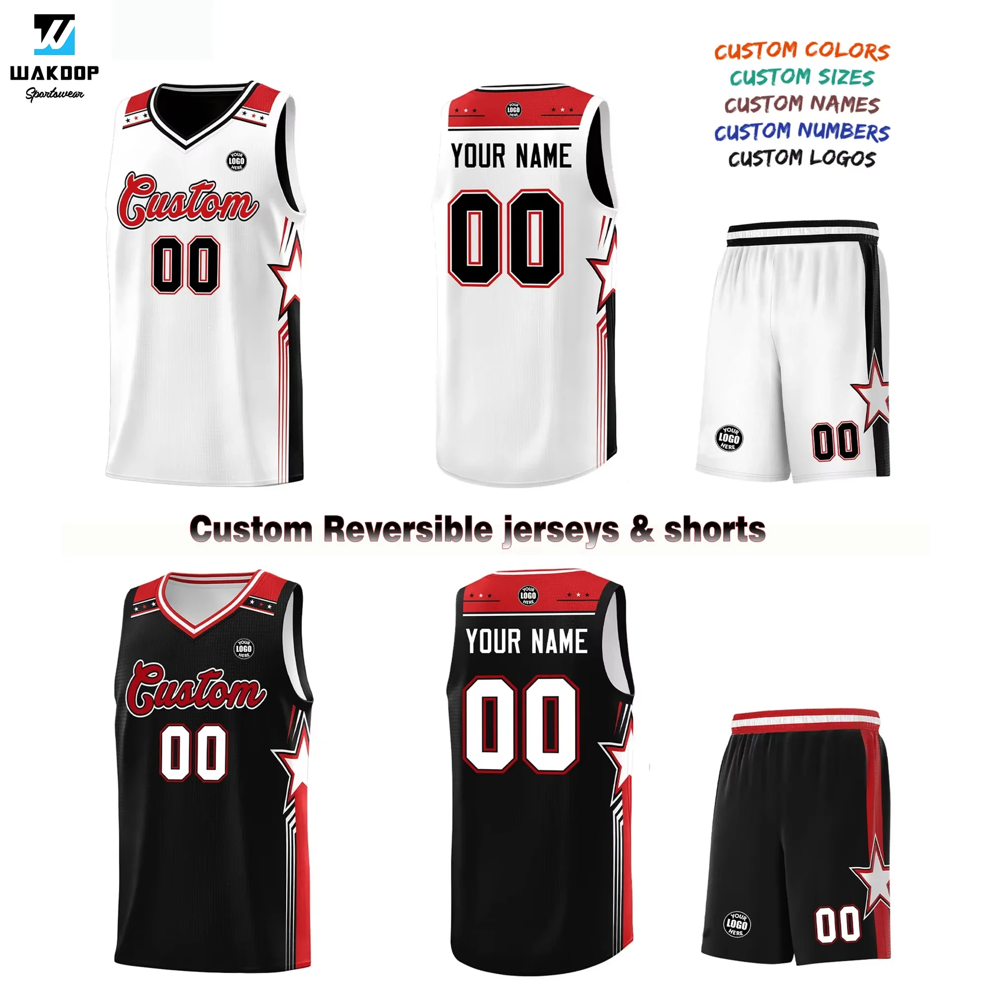 Double Side Custom Basketball jerseys Sets Men Basketball Jersey reversible uniforms stars pattern basketball sets