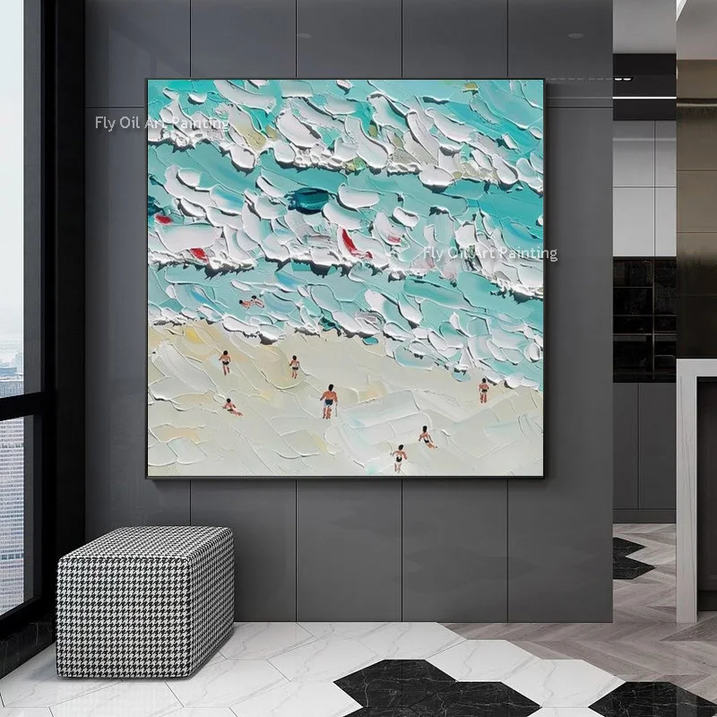 Original Seascape Ocean Surf Thick Canvas Wall Art Handmade Beach Party Swimming Beach House Oil Painting Modern Ocean Artwork