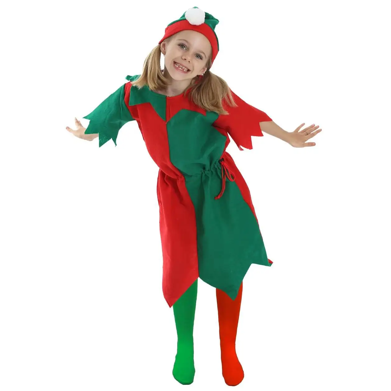 Girls Elf Costume Christmas Fancy Dress - Red/Green Tunic + Tights - Cheeky Christmas Elf Santa's Grotto