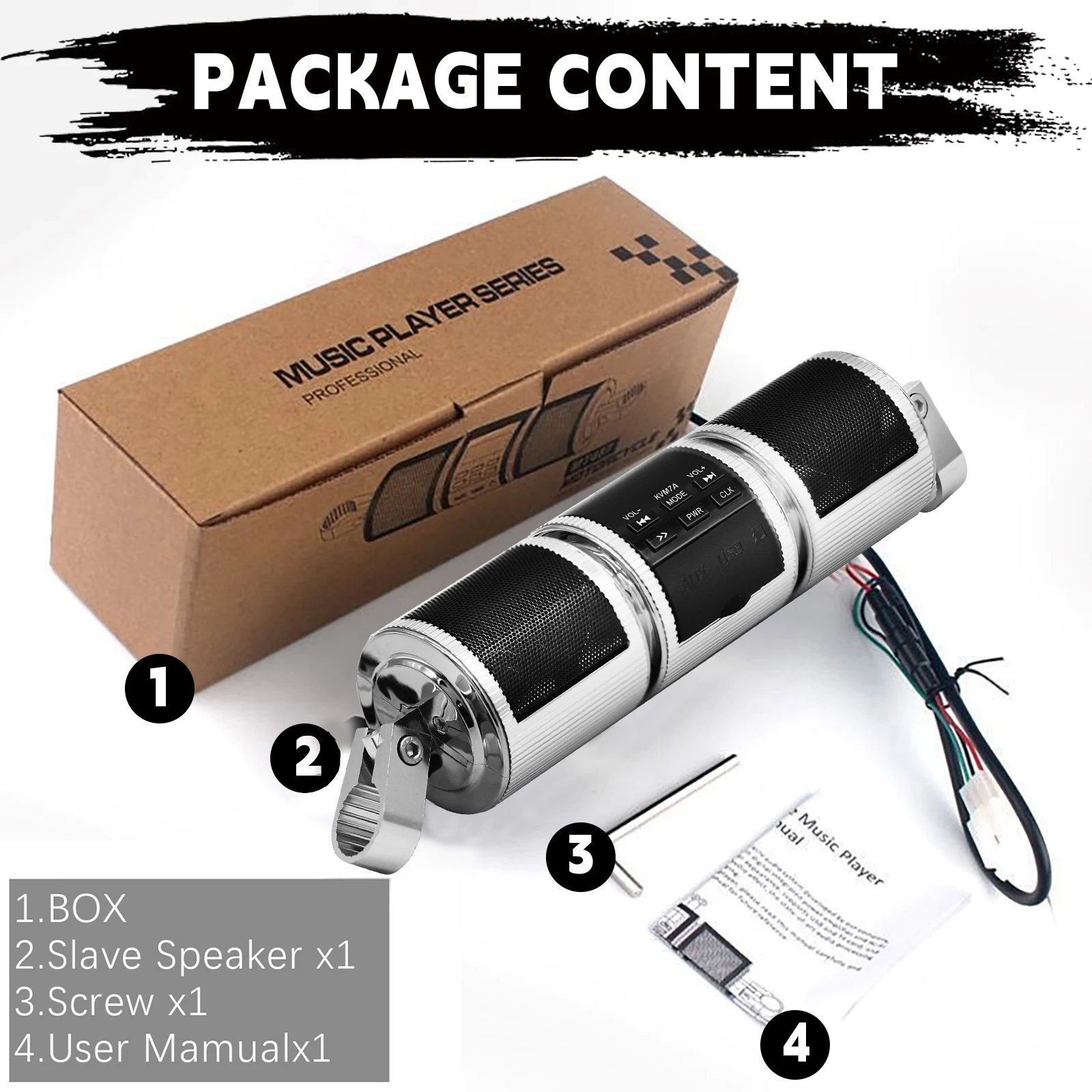 مكبرات صوت ستيريو لمقود الدراجة النارية مشغل MP3 لاسلكي مع بطاقة AUX-IN/USB/TF وراديو FM فضي