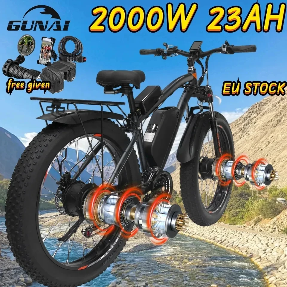 GUNAI 성인용 전기 자전거, 2000W 듀얼 모터, 26 인치 팻 타이어, 55 km/h, 21 속도, 48V, 23AH 배터리, EU