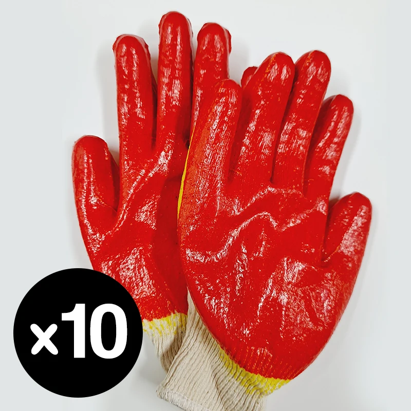 Guantes de Cuello medio de azufre, protección de seguridad, trabajo, algodón, rojo, 10 pares, 13G