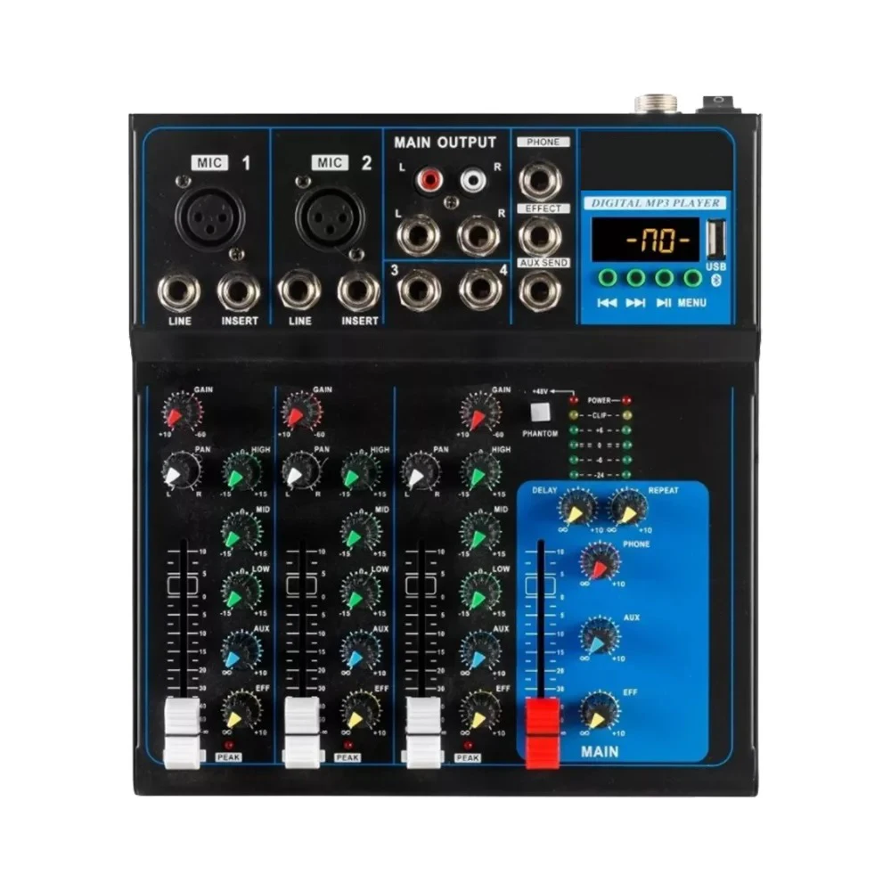 4-Channel Professional Compact Mixer with Bluetooth, USB Mp3 Playback, 48V Phantom Power, Live Streaming, Karaoke Recording, and Mixing Console