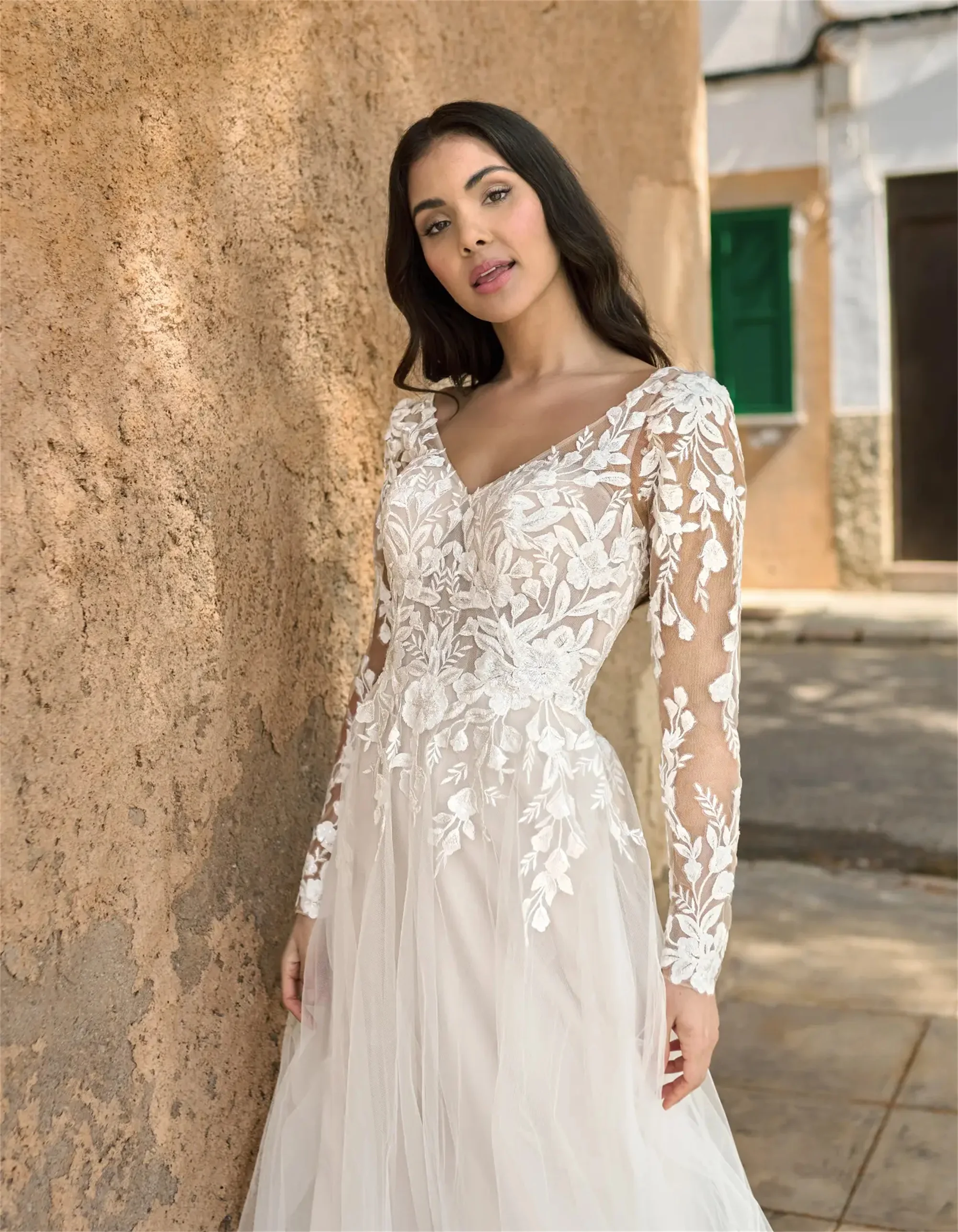 Evon nupcial sem costas com decote em v plus size vestidos de casamento 2025 manga longa a linha tule vestidos de novia renda applique vestidos de noiva