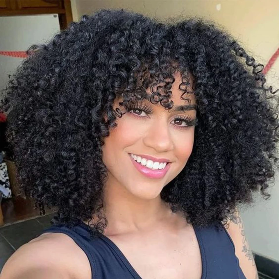 

Big Curly Wig With Bangs Short Human Hair Afro Kinky Curly Wig Brown Color Glueless Full Machine Made Wig 250 Density Brazilian