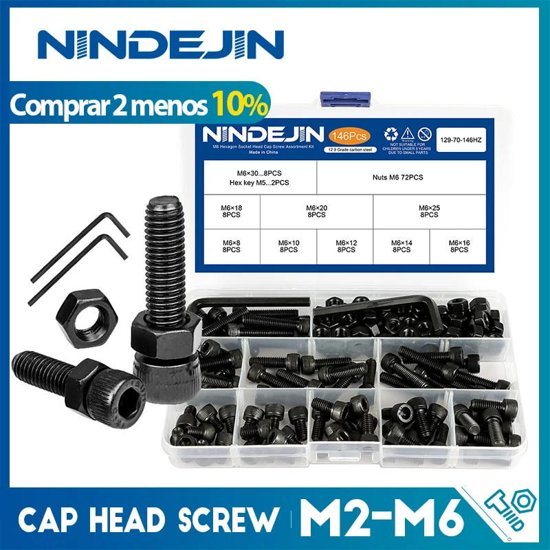 NINDEJIN-Juego de tornillos y tuercas de acero al carbono, kit surtido de Tornillos con cabeza hexagonal, 12,9 grados, m2, m2.5, m3, m4, m5, m6