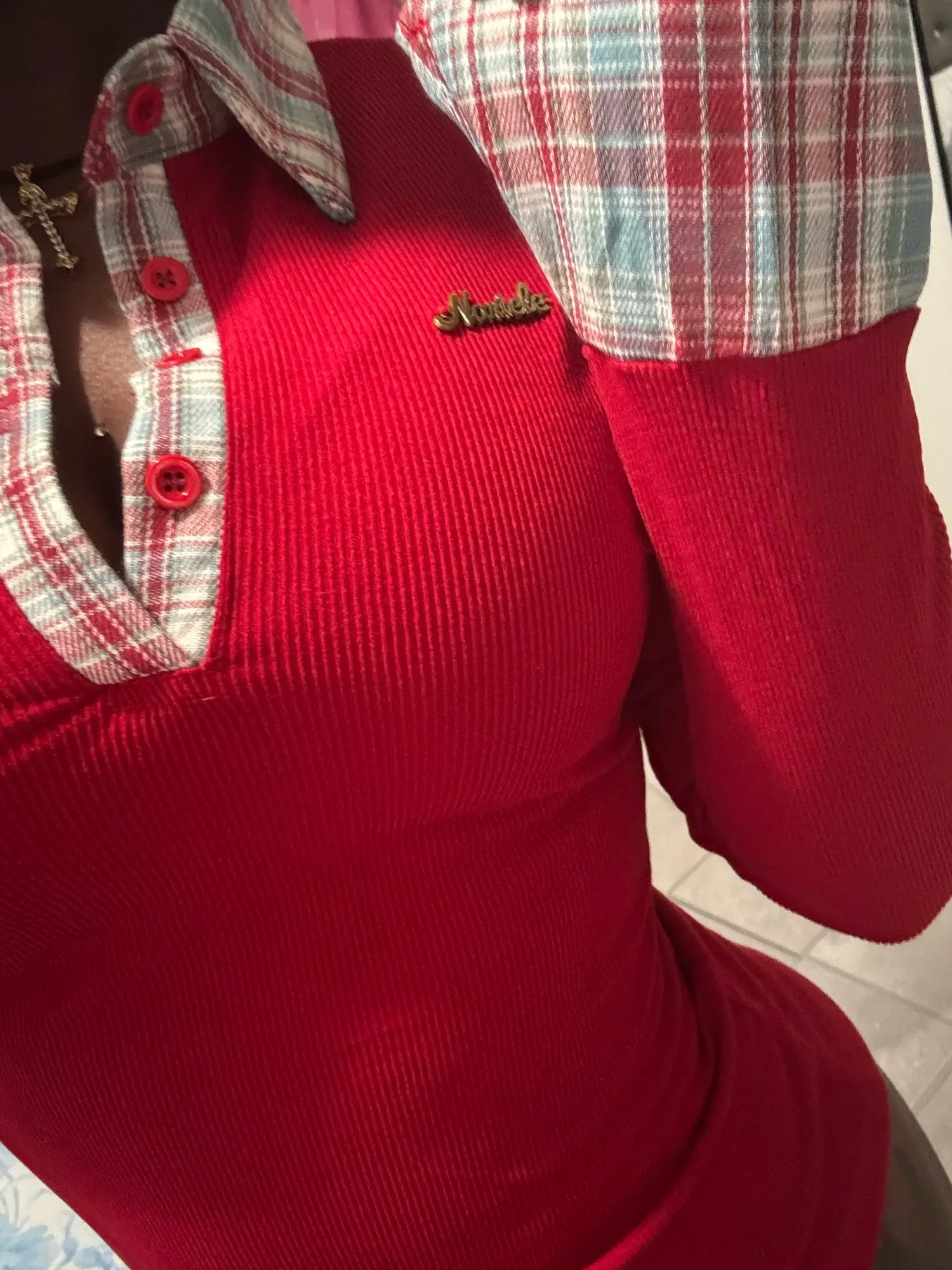 Preppy Polo Neck Plaid Long sleeve T shirt Women Fake Two-piece Basic Top V neck Button Blouses Tees Embroidery High-quality photo review