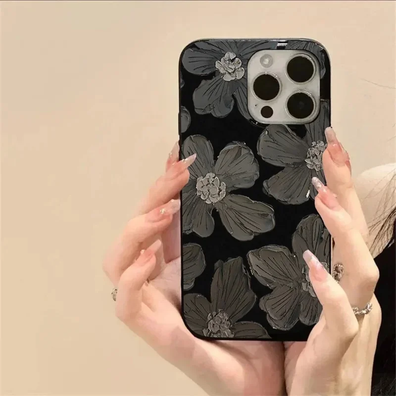 Ins peinture à l'huile fleur noire coque de téléphone pour iPhone 16 16E 15 14 13 12 11 Pro Max XR XS Max SE2 7 8 Plus couverture souple antichoc