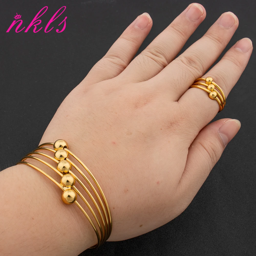 Hollow Design Bangle with Ring for Women Lady Bead Bracelet African 18k Gold Color Jewelry Set Christmas Valentine's Party Gift