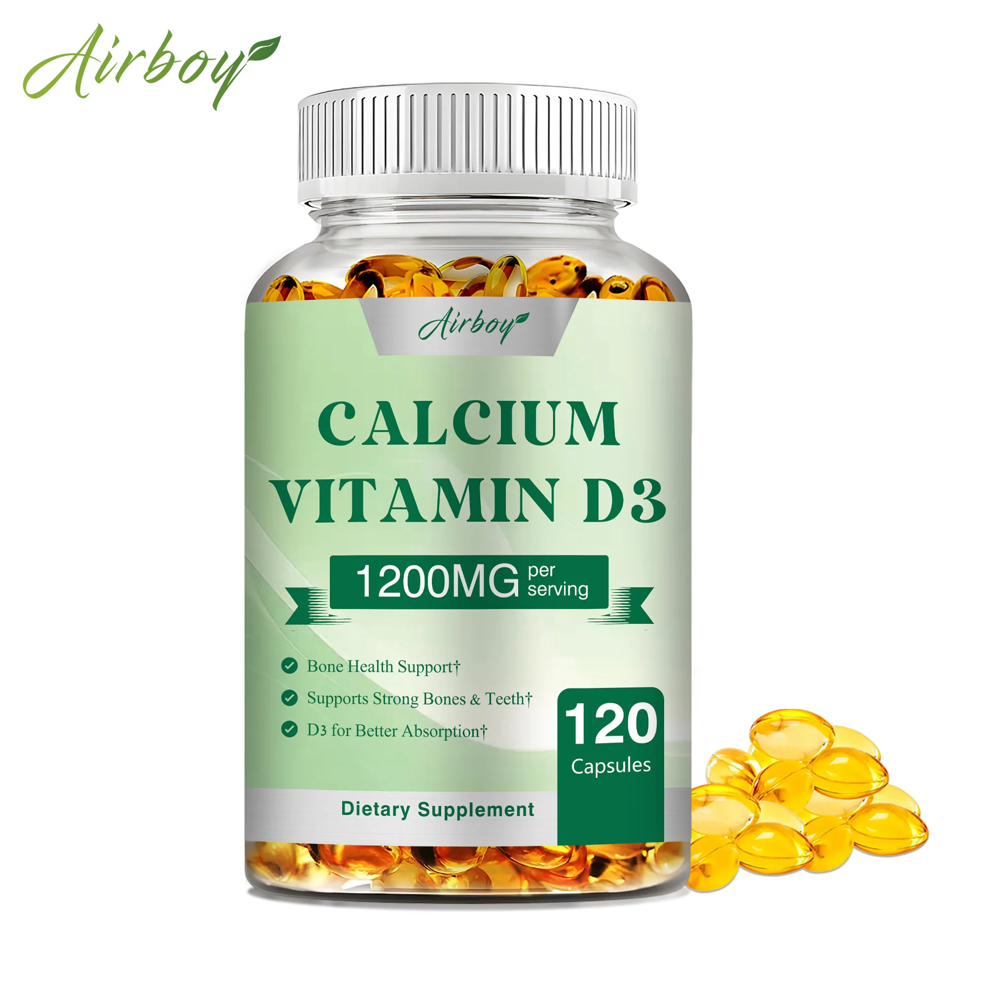 Calcium + Vitamin D3 Capsules - Strong Bones, Heart, Muscles, Nerves, Teeth Health Support - 120 Capsules