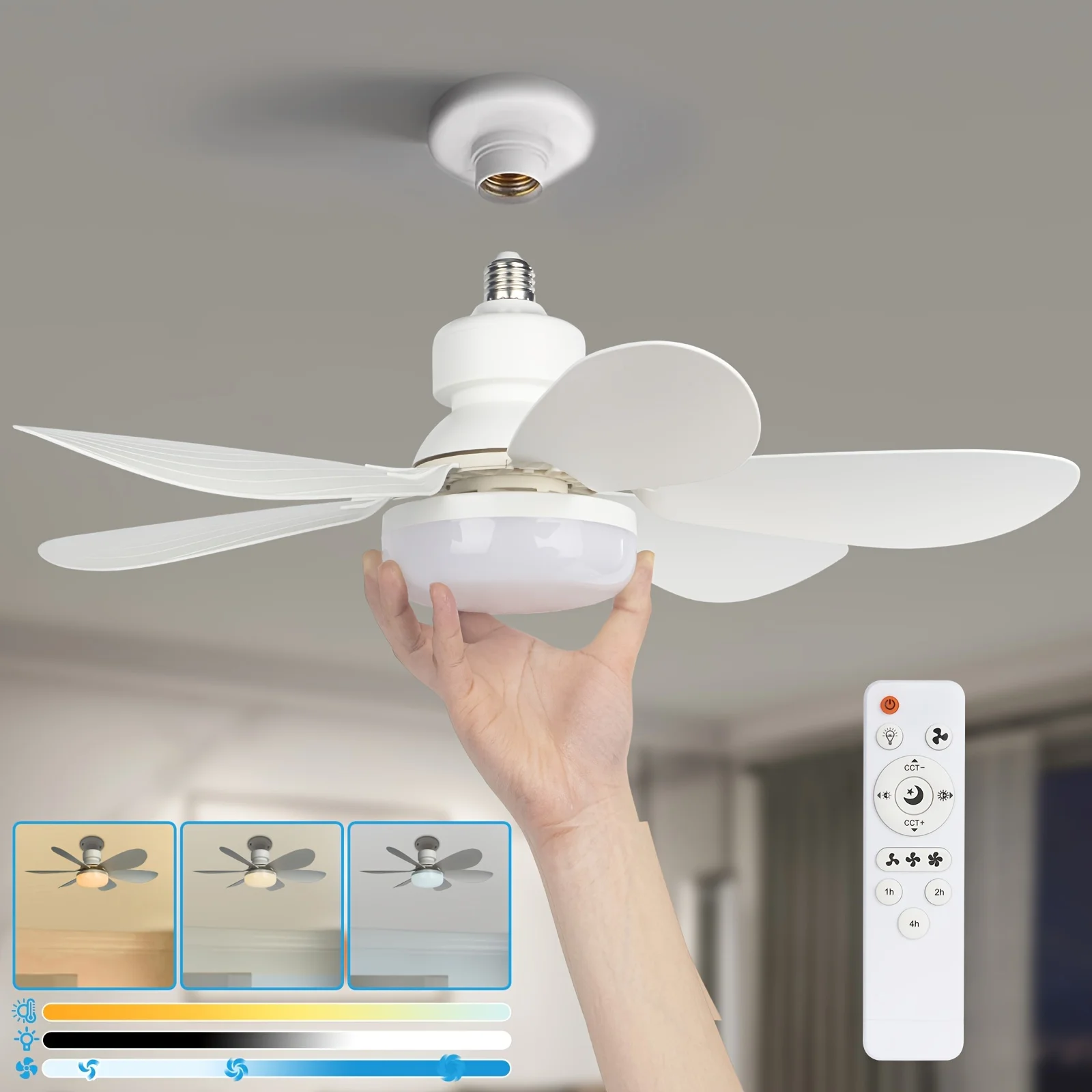Socket Fan Light, 20.5in Small Ceiling Fan with LED, E26/27 Cordless Light Screw Fan for Kitchen Bedroom, Small Room