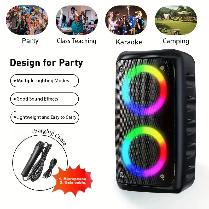 Altavoz de Karaoke Portátil con 1 Micrófono, Woofers Dobles con Bajos Potentes, Emparejamiento TWS, Radio FM, 2400mAh, para Fiestas al Aire Libre