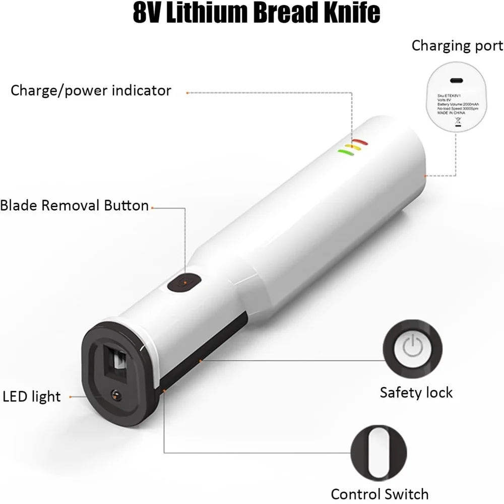 Profissional Sem Fio Recarregável Pão Faca, Elétrica Meat Cutter, 8V, 2 Serrilhada, 8 "Aço Inoxidável Lâminas