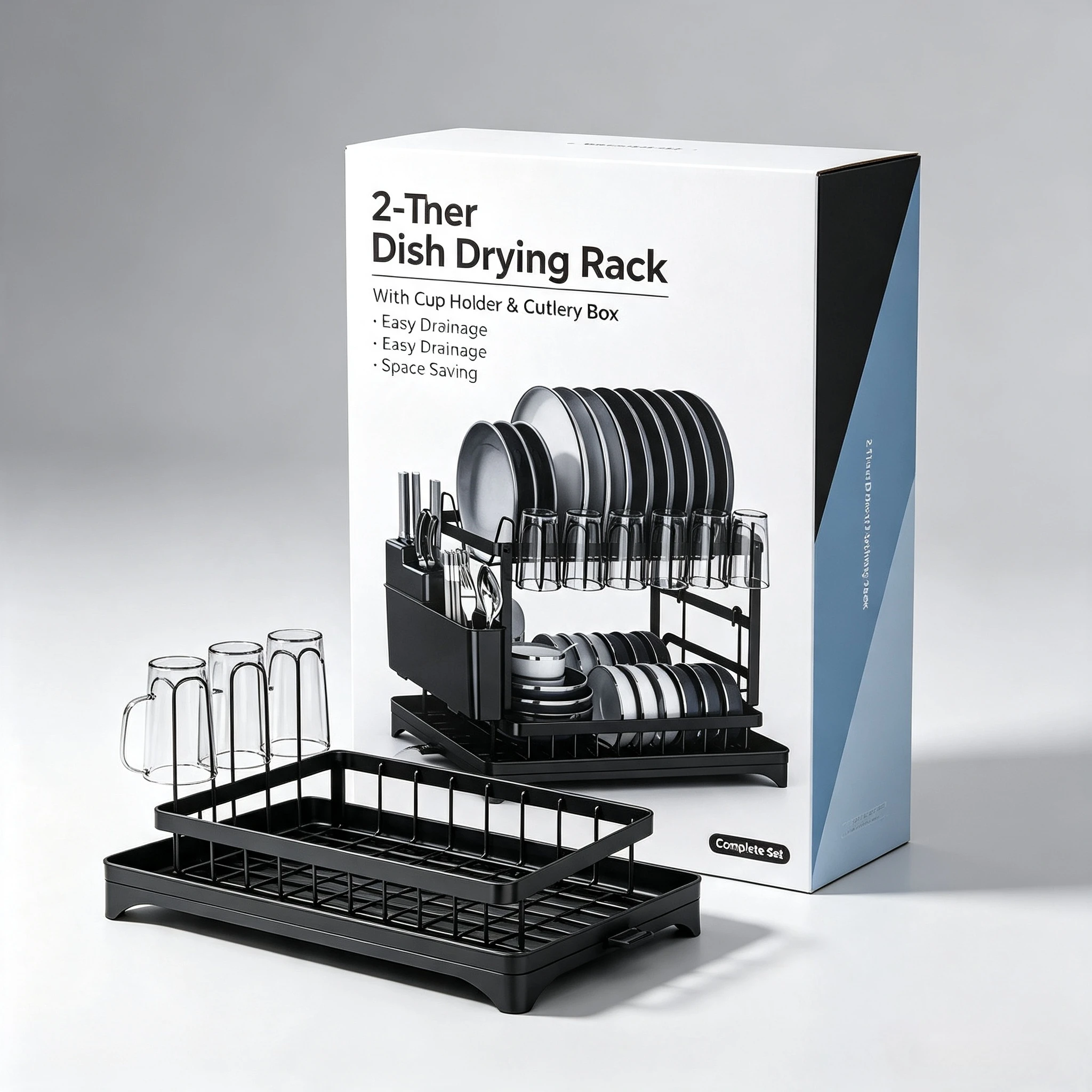 2 Tier Metal Dish Drying Rack with Utensil Holder & Drainboard, Kitchen Counter Dish Organizer