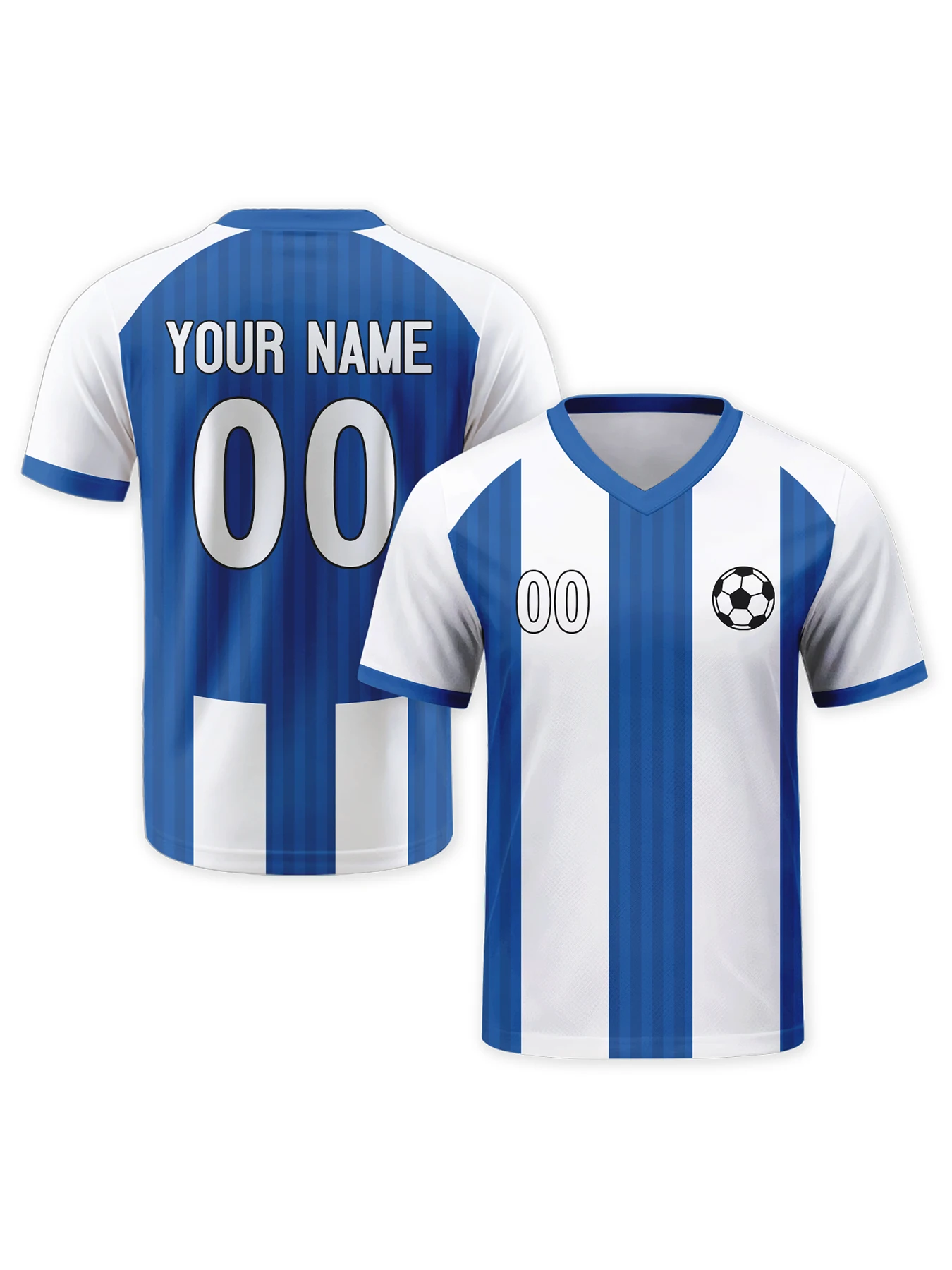 

Personalized Football Team Shirt with Logo Name Number Custom Blue White Striped Soccer Jersey Set Gifts for Men Youth Women
