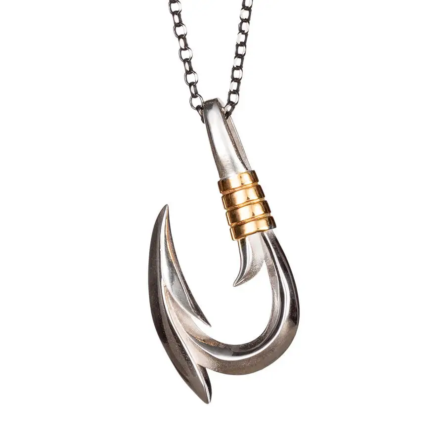 Men's 925 Sterling Silver Hook Necklace with Gold Detail and Chain Model2