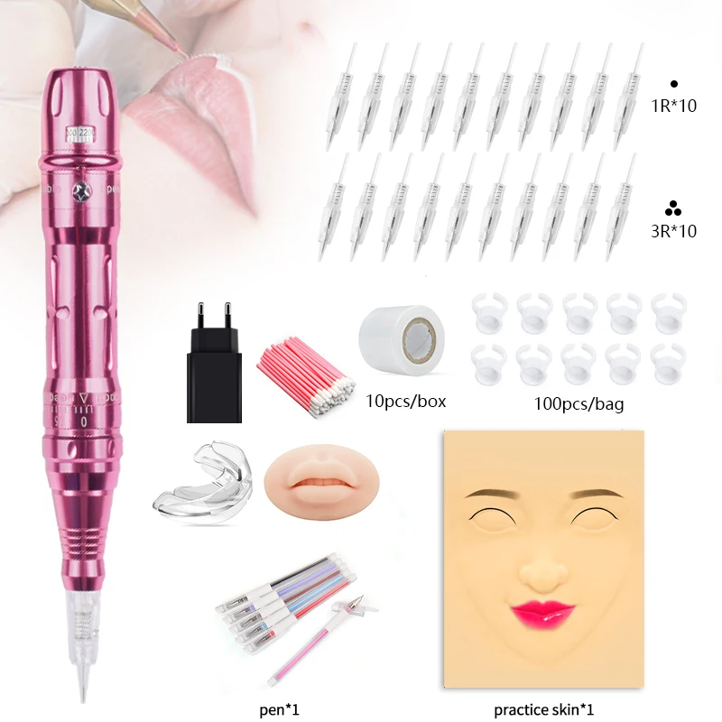 

Permanent Makeup Machine Set for Lips Red Pigments Needles Kit Wireless Charge Lips Microblading Permanent Makeup Machine Set
