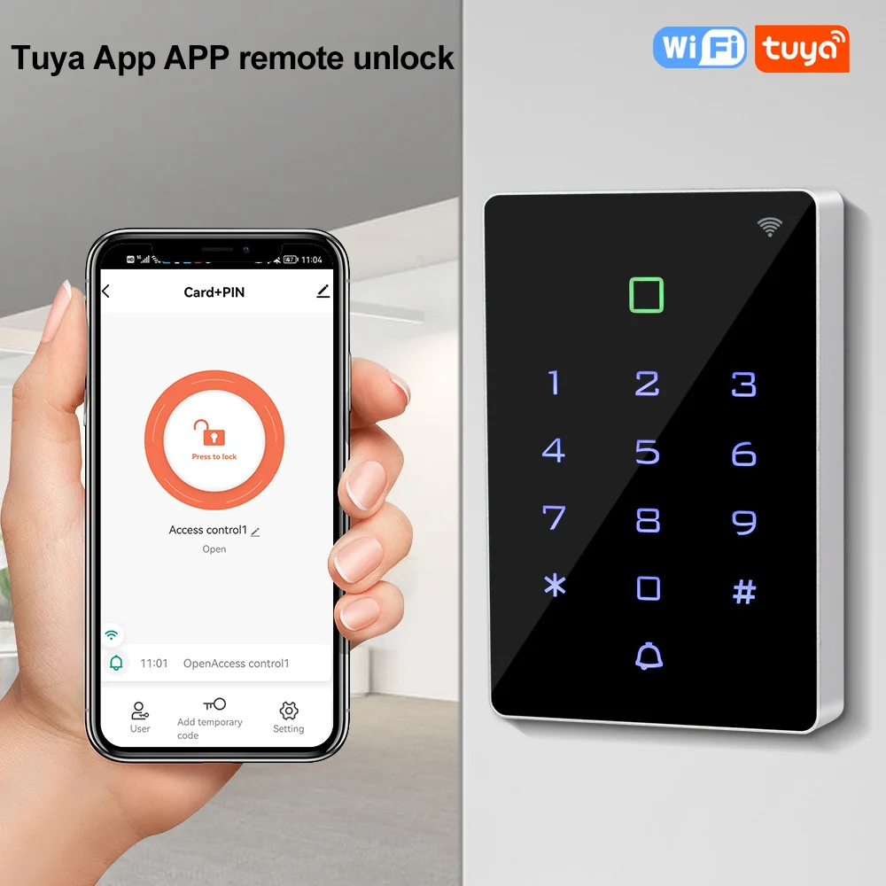 WiFi Tuya APP Access Control Keypad Waterproof RFID Keyboard Controller Reader Touch Backlight Door Opener WG26 Output Alarm