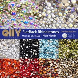 QIIY 1440pcs Mix Size SS3-SS20 Glass FlatBack Rhinestones Crystal Non-Hotfix Gold Glitter Strass for DIY Nail Art Accessories