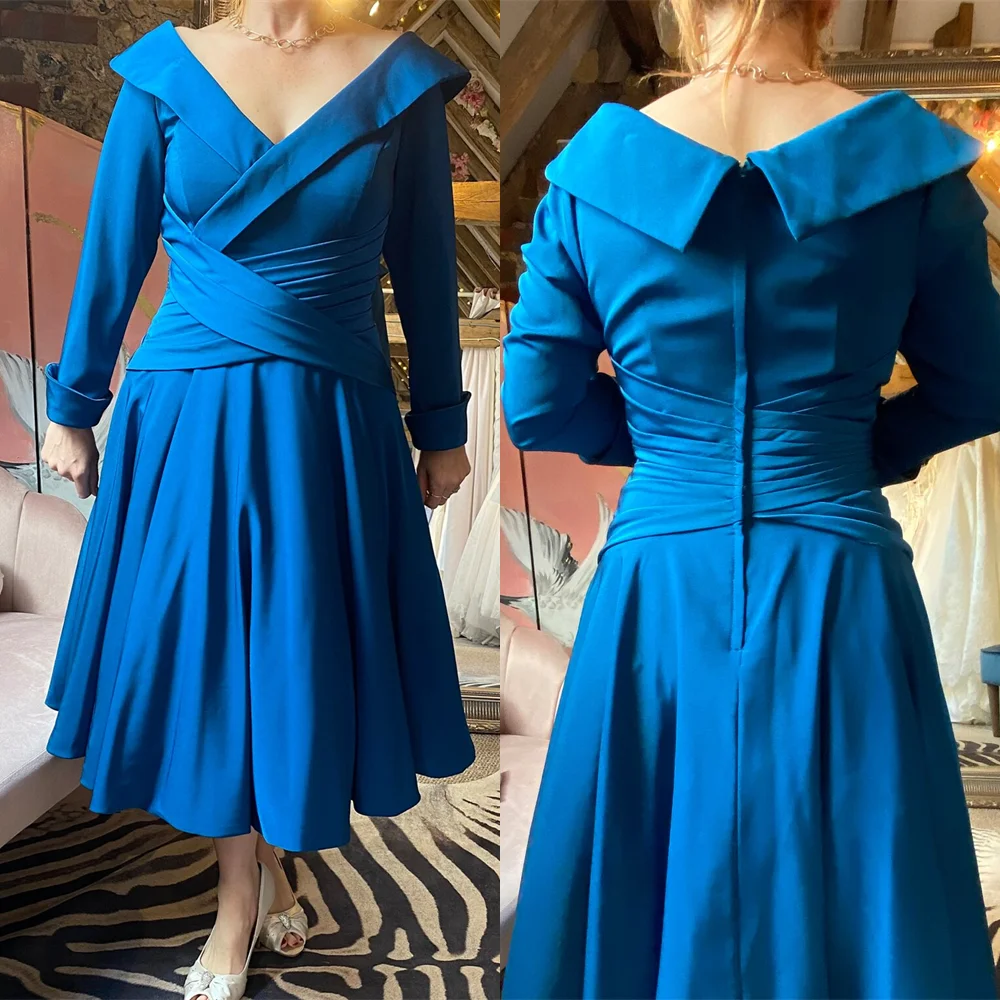 Customized Blue V-neck Features Sleeves A-line Mother of the Bride Dresses Women's Wedding Guest Evening Gowns For Party