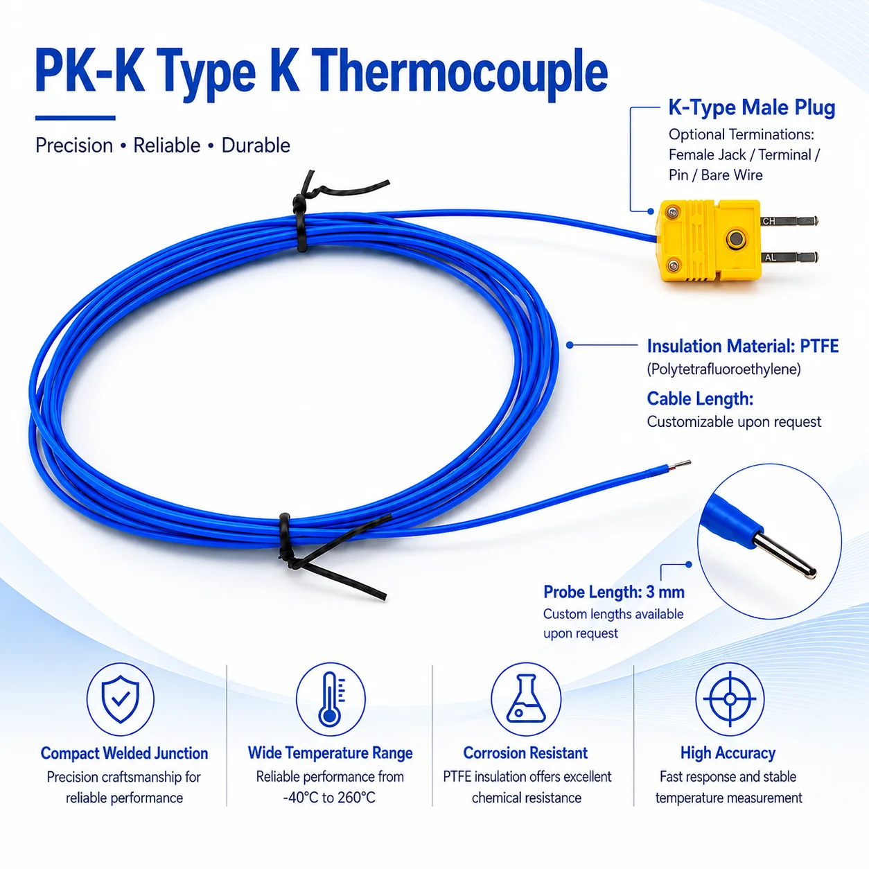 K Type Thermocouple Temperature Sensor Probe PTFE Wire with Mini Male Female Connector 1M 3M 5M 5PCS for Digital Thermometer