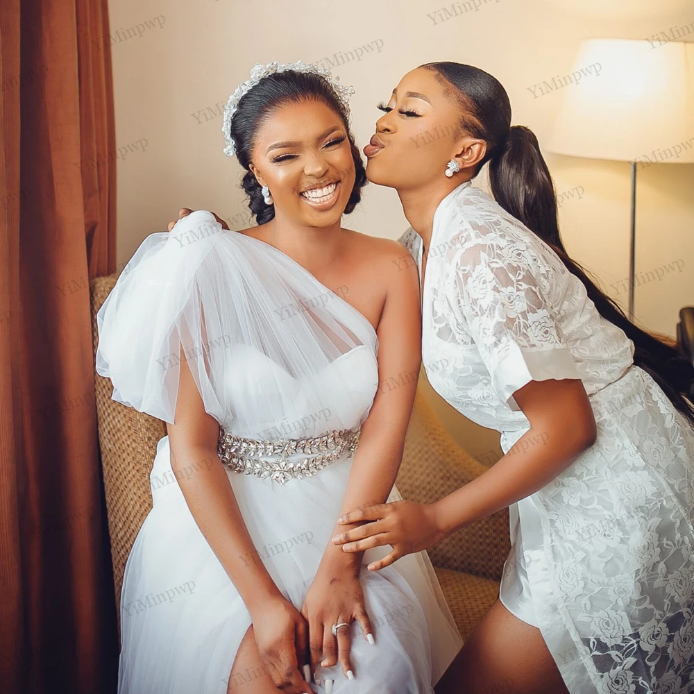 YiMinpwp White Wedding Dresses Bridal Shower Dress Bride Robes One Shoulder Side Split A Line Crystal robes de mariee Customized