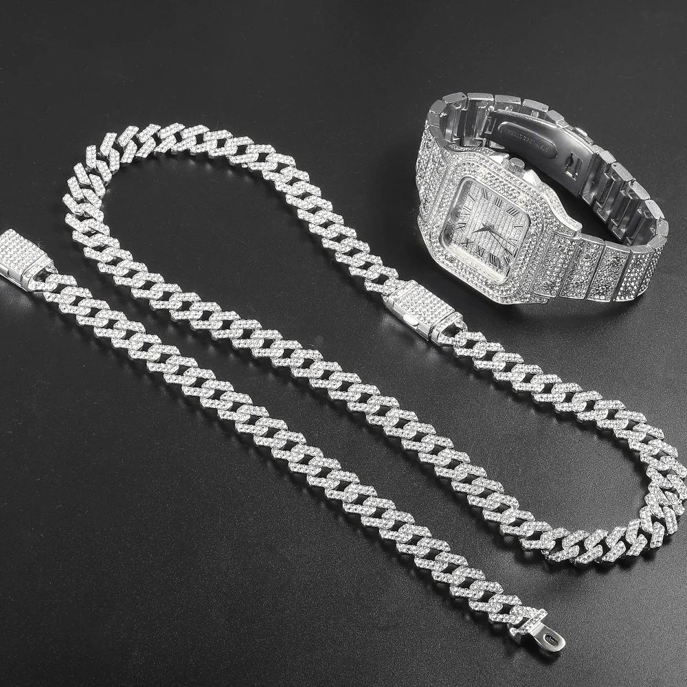 Hip Hop 13MM Cuban Chain 3PCS Watch+Necklace+Bracelet Bling Crystal Iced Out Rhinestones Cuban Chains For Women Men Jewelry Gift