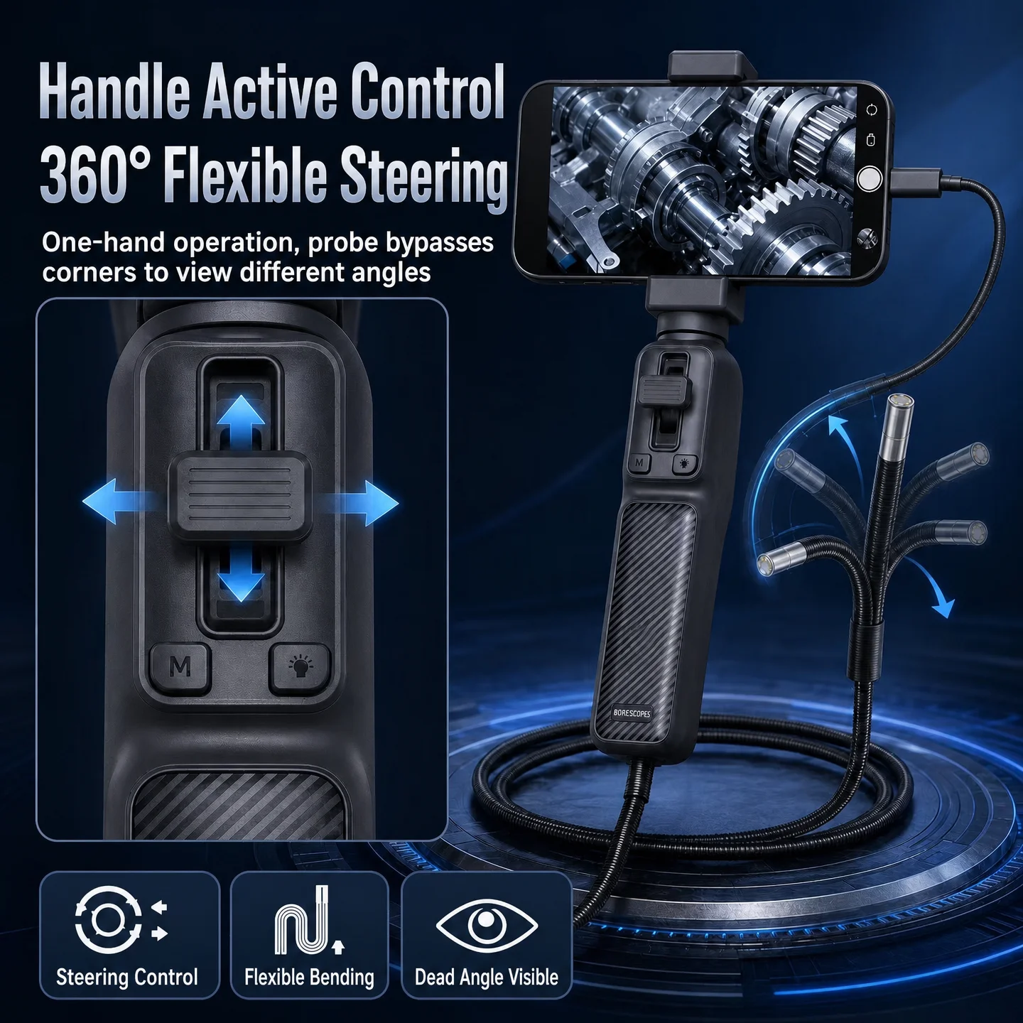 3.9mm 6.2mm 8.5mm 360° Articulating Borescope 1080P HD Steering Endoscope Camera For iPhone iOS Android Car Pipe Inspection