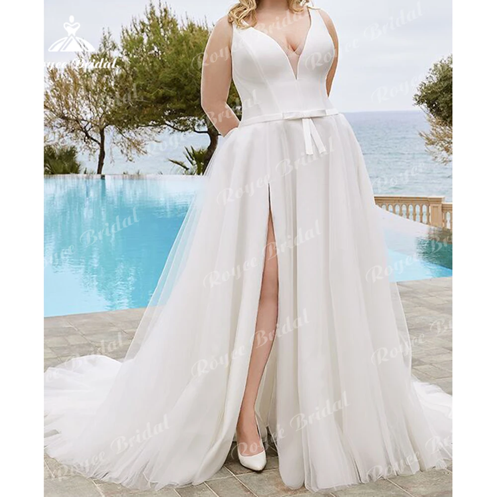 Simple Sexy Split V Neck Off the Shoulder Belt Bow Plus Size A Line Wedding Dress Beach Bride Gowns Sweep Vestidos De Novia Robe