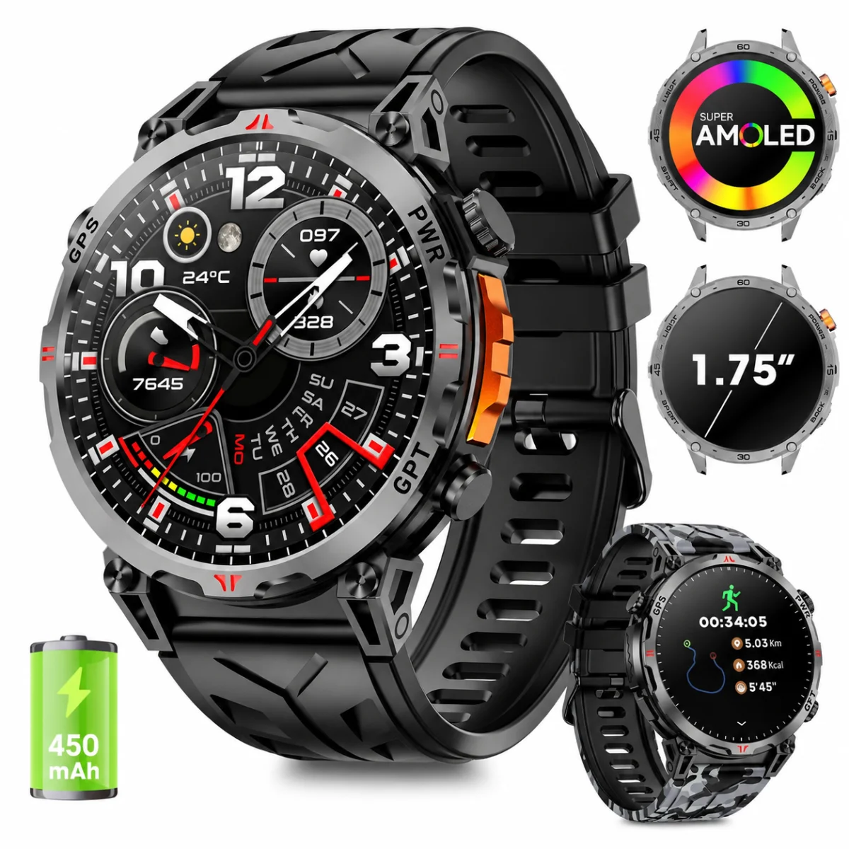 Montre connectée robuste militaire GPS et boussole intégrés,écran 1,56 pouces,appel Bluetooth 5.3,lampe torche LED,107 modes sportifs,étanche 3ATM,batterie 450mAh,90 jours veille,voix IA ChatGPT,capteur de fréquence ca