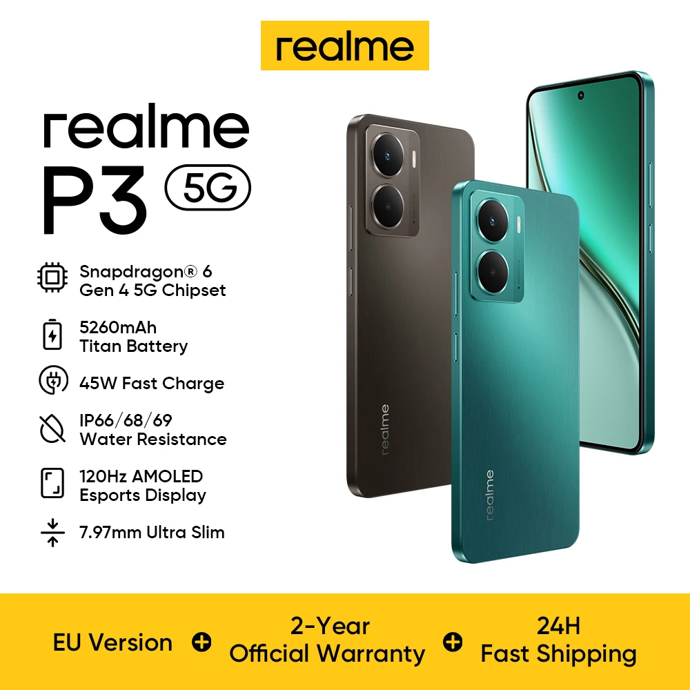 Realme P3 5G Smartphone, schermo AMOLED 120Hz 1080 x 2400P da 6,67 pollici, Qualcomm Snapdragon 6 Gen 4, batteria 6000mAh 45W di ricarica rapida, foto
