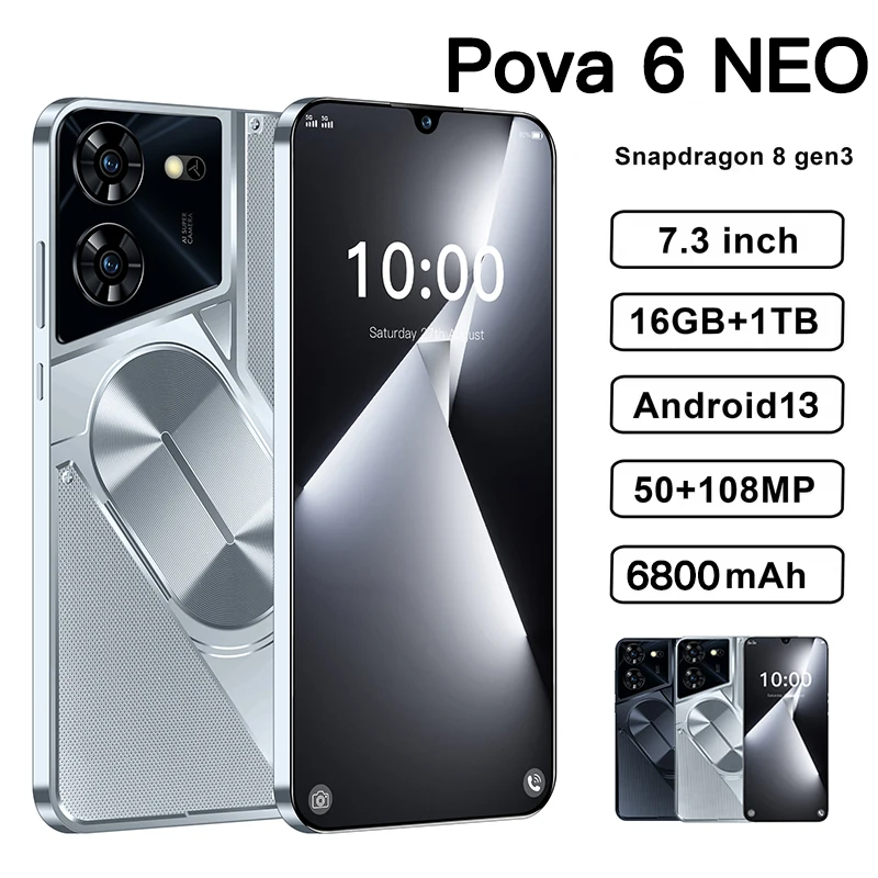 

Оригинальный глобальный смартфон Pova 6 NEO, 5G HD, 7,3 дюйма, 16G + 1 ТБ, сотовый телефон с двумя SIM-картами, Telefono 50 + 108 МП, Android 13, разблокировка Celular NFC