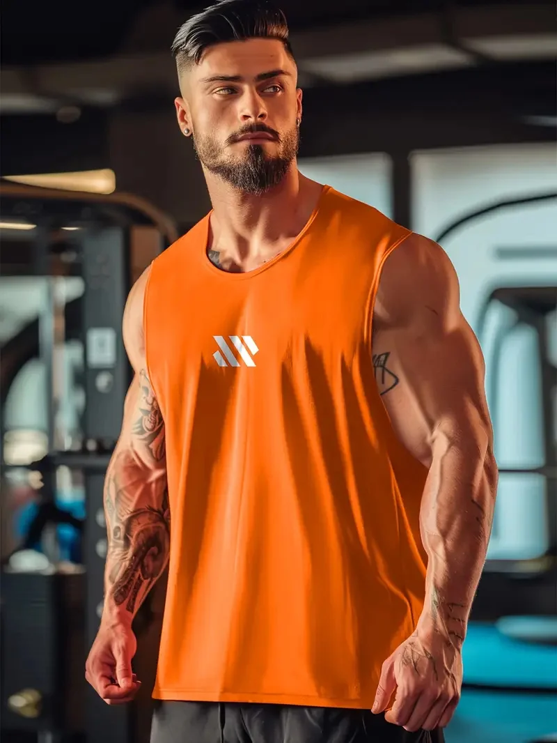 Summer men\'s solid color monogram round neck sleeveless undershirt daily fitness sports breathable not boring short sleeve