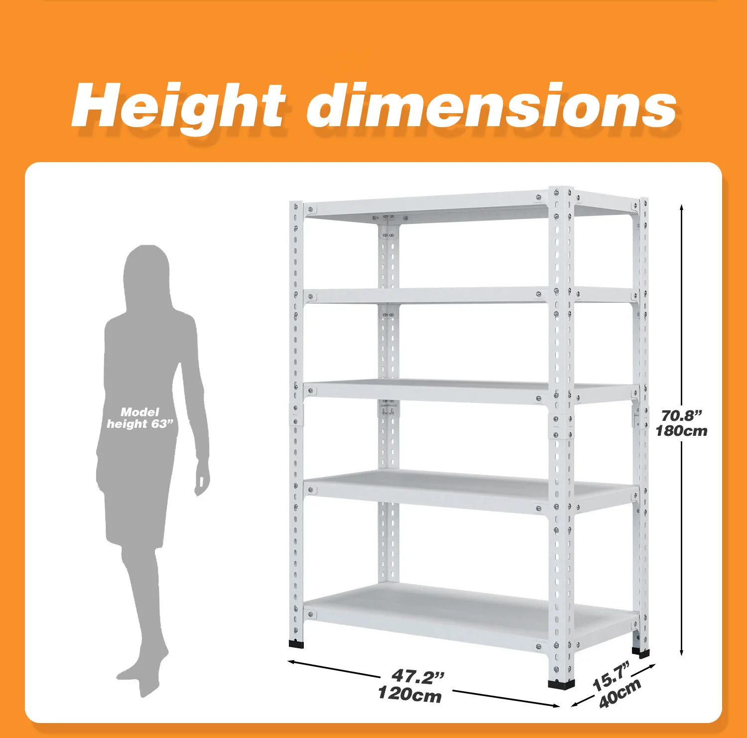 5-Tier Metal Shelving Unit, 47”W x 16”D x 71”H,carbon steel storage rack, Adjustable Storage Rack, 1000 lbs Load Capacity (Total