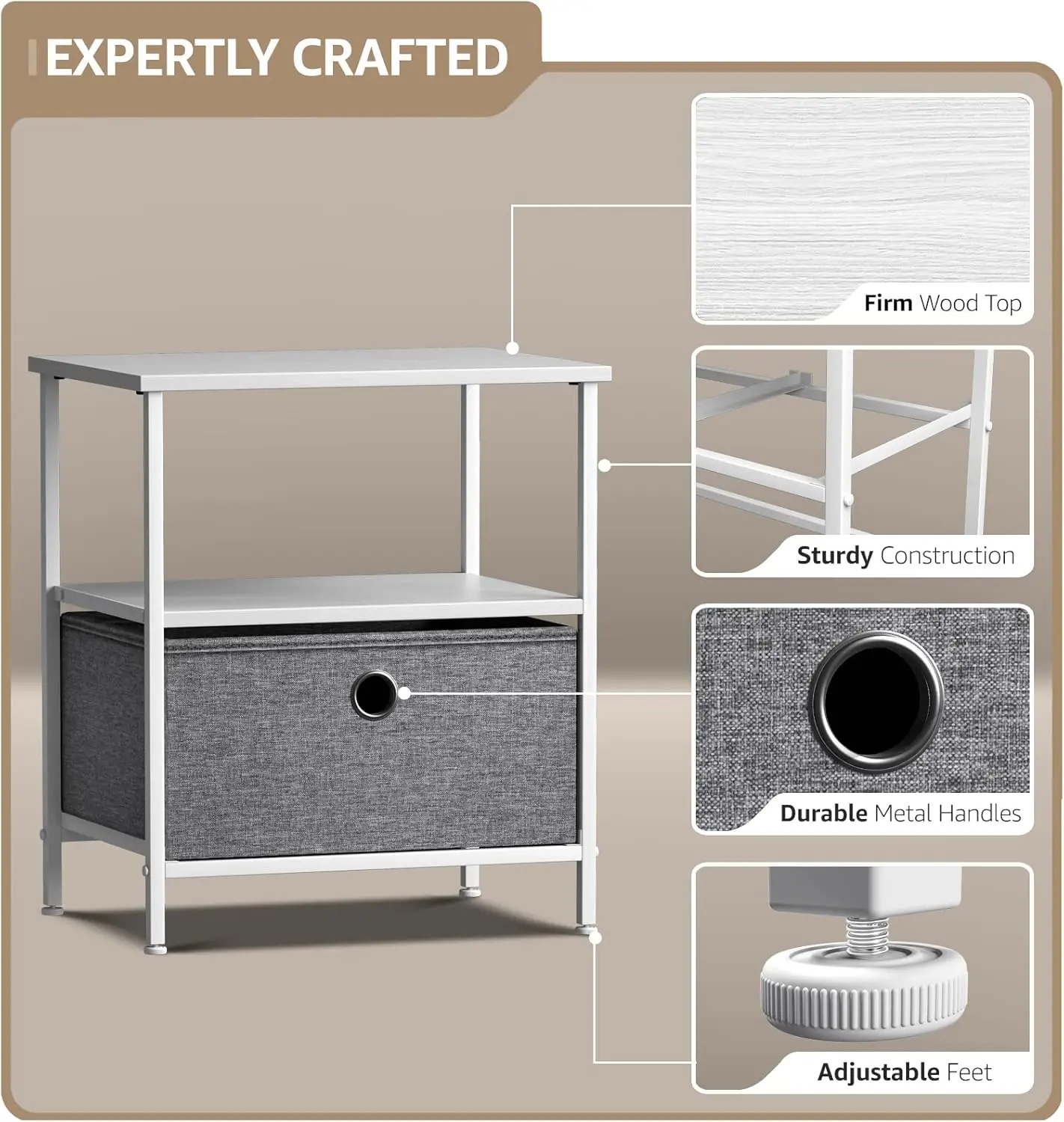 Nightstand 1-Drawer Shelf Storage - Bedside Furniture & End Table Chest Dresser with Steel Frame, Wood Top & Easy Pull Fabric Bi image 4