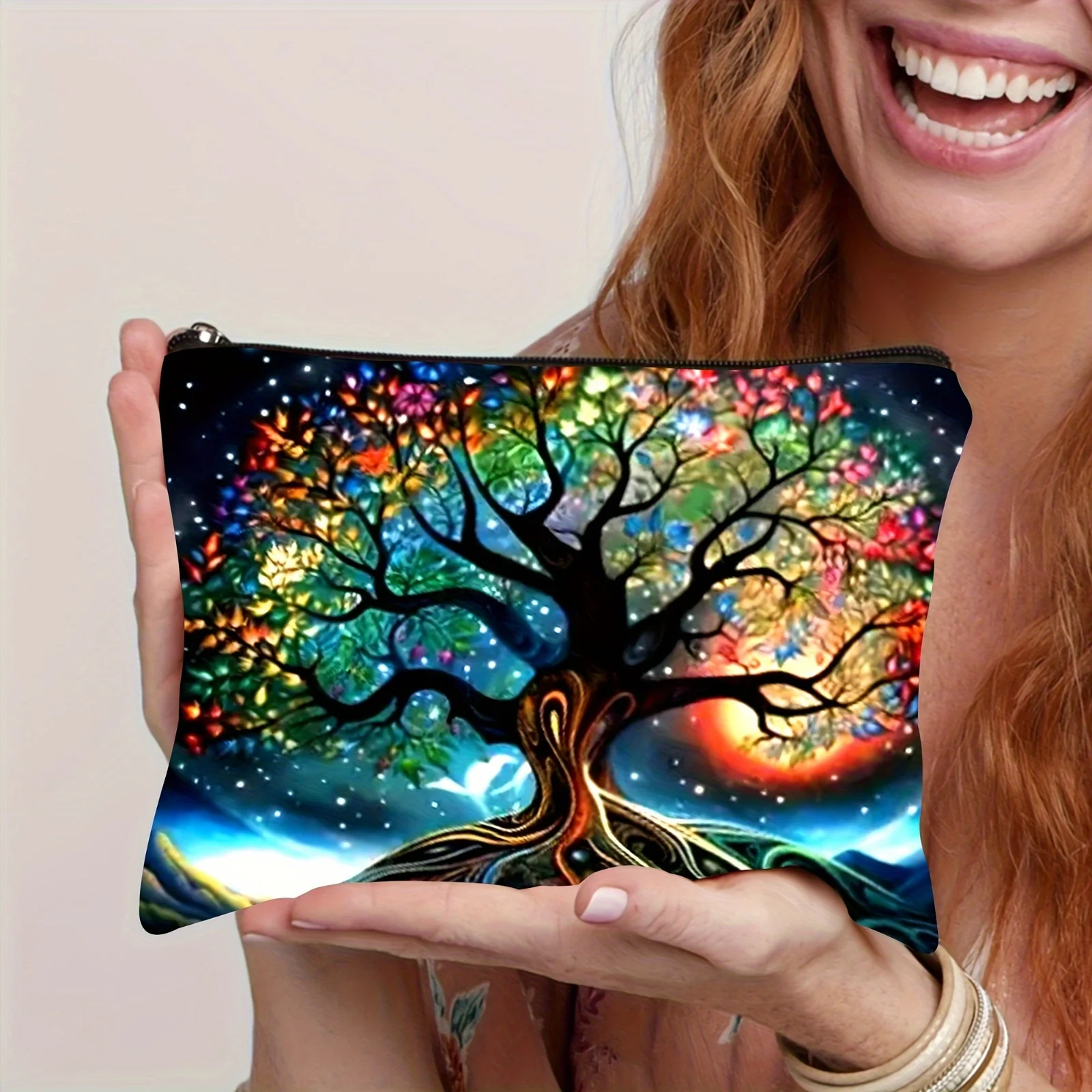 1Pc Tree of Life Retro Design Multifunctional Travel Makeup Bag, Snack Storage Bag, Stationery Storage Bag, Fashionable Toiletry Bag, Canvas Double-Sided Printed Zipper Pouch