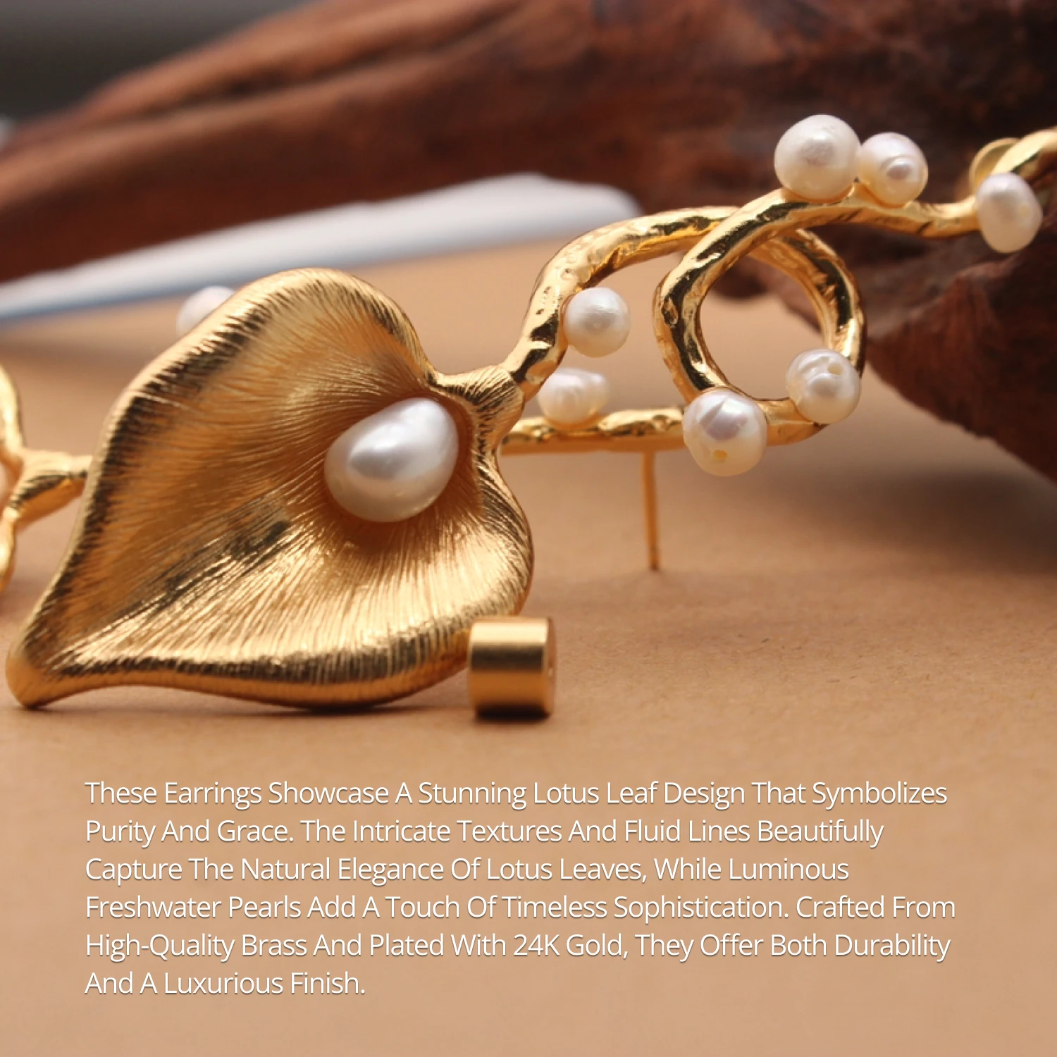 24K Gold-Plated Earrings with Natural Pearls Drop Earrings for Women Lotus Leaf Shape Pearl Earrings Luxury Jewelry Earring Gift