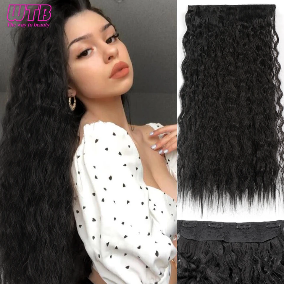 WTB Synthetic Long Culry Clip in Hair Extensions for Women 4 Clip One pieces Heat Resistant Corn Curly Brown Black Natural Hairp