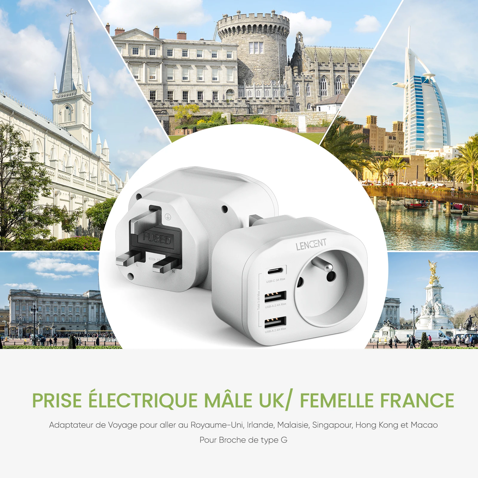 LENCENT 2 حزمة FR إلى المملكة المتحدة محول السفر مع 1 مخرج تيار متردد 2 منافذ USB و 1 نوع C 4 في 1 محول الجدار شاحن للمنزل/السفر