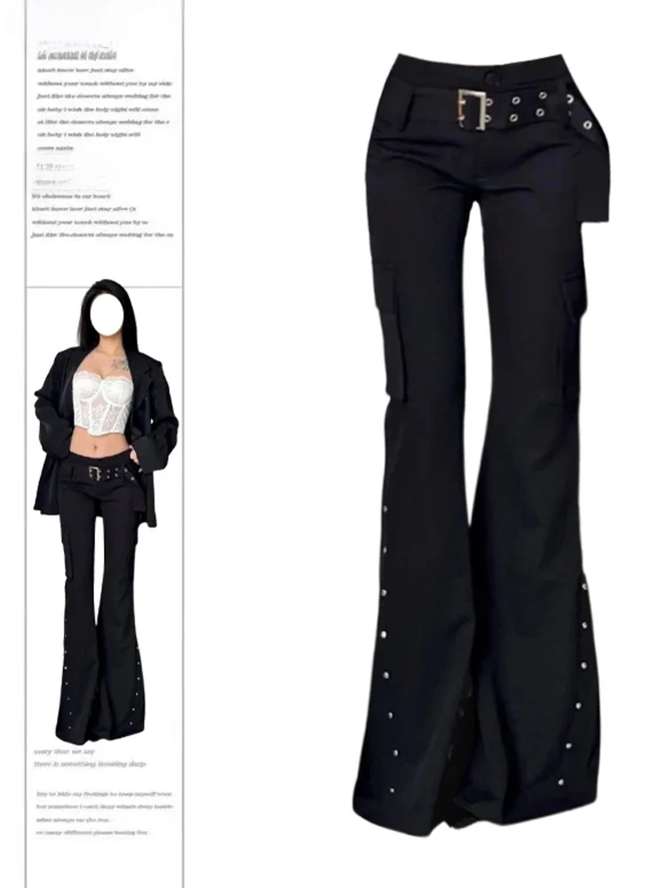 Kobiety Japońskie Bell-Bottom Harajuku Y2K Dark Academia Low Rise Flare Pants With Belt Long Trousers 2000S Korean Fashion E-Girl — zdjęcie 2