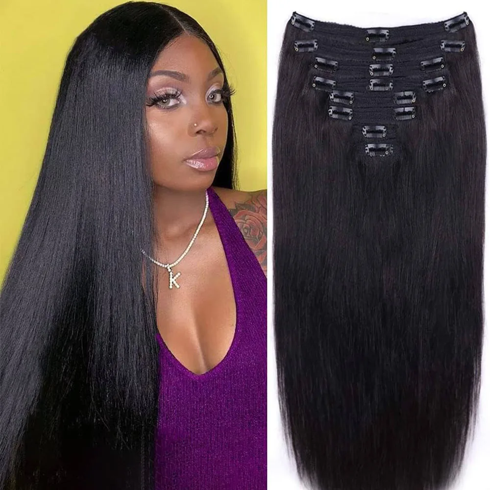 Extensiones de Cabello con Clip para mujer, cabello humano Real, 8 piezas, 120g, 100% humano, liso, suave, Color negro Natural