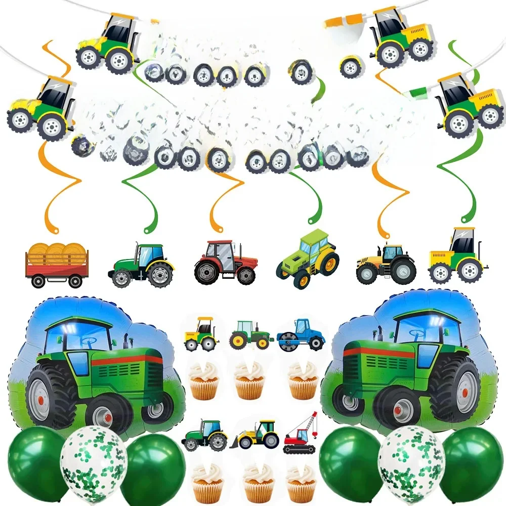 Bauernhof-Grüntraktor-Zubehör, Traktor-Luftballons, Banner, zum Aufhängen, Wirbel, Cupcake-Topper, Traktor, Geburtstagsparty-Dekorationen mit Bauernhof-Motiv