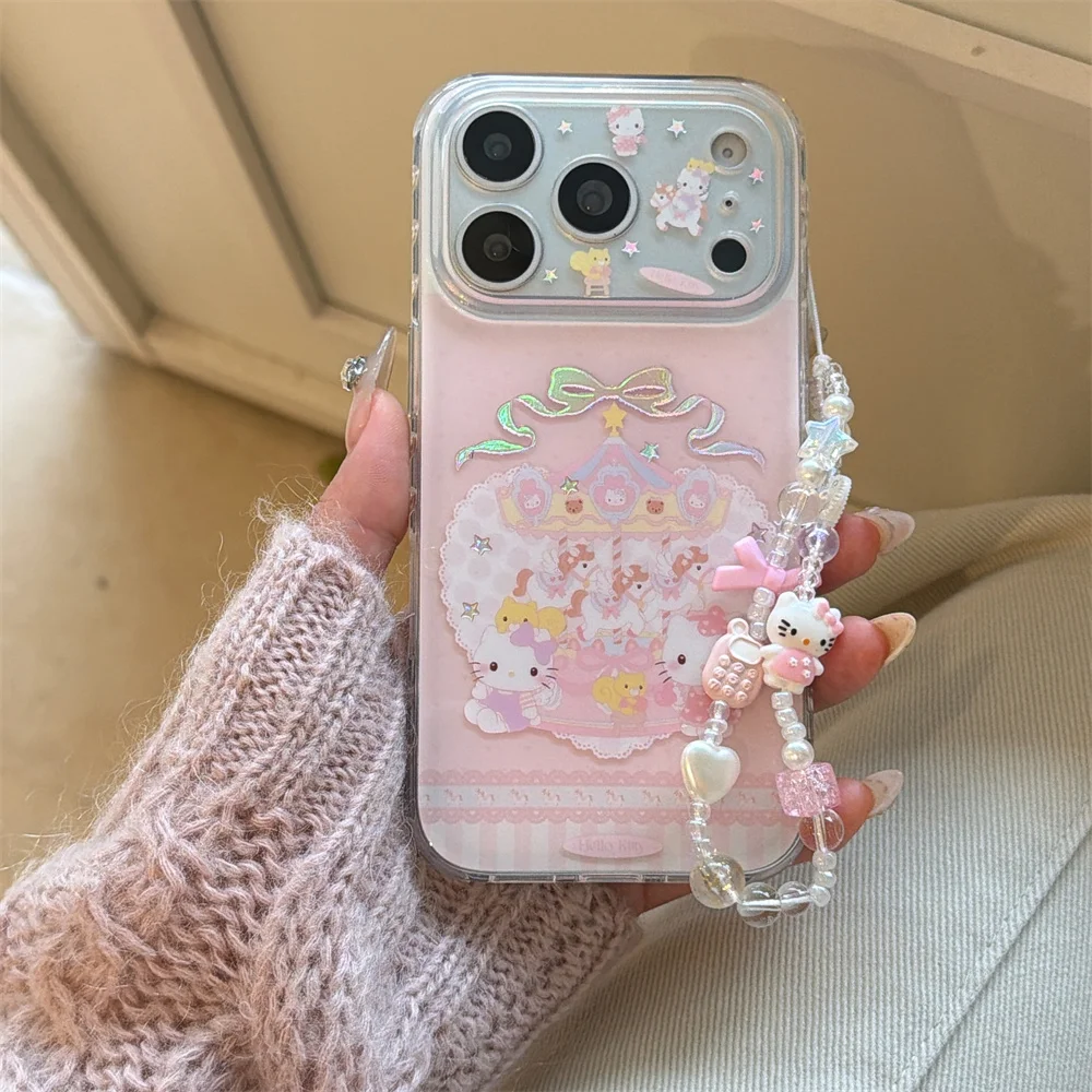 

Cute pink gilded Melody HelloKitty with lanyard suitable for iPhone 17 Pro Max, 13, 14, 15, 16 Pro all inclusive transparent ant