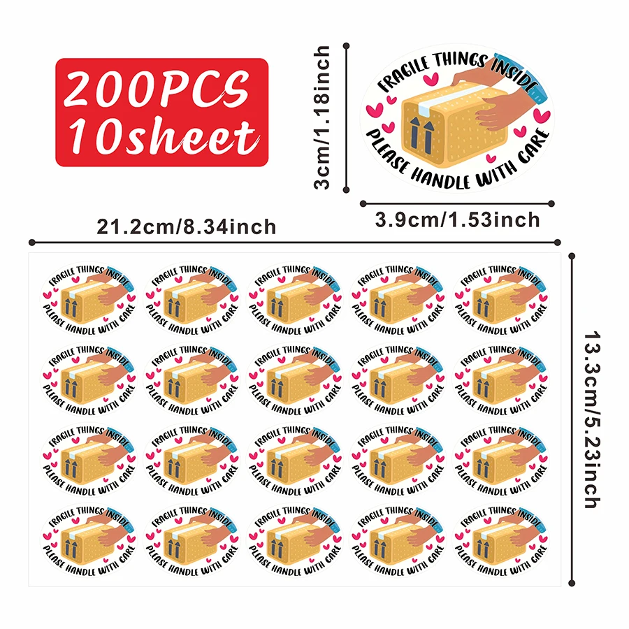 200PCS Handle with Care Stickers – Fragile Things Inside Design, 1.5x1.18 Inch Oval Self-Adhesive Labels