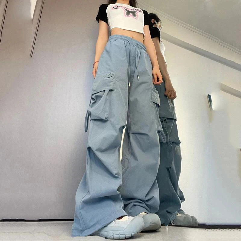 Mulheres y2k calças de carga cintura alta streetwear hip hop feminino grandes bolsos casual cintura baixa cordão baggy sweatpants