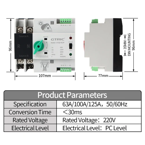 Imagen 2 del producto GTRIC interruptor de transferencia automática de doble potencia 2P carril DIN ATS PV inversor AC 230V interruptores selectores ininterrumpidos 63A 100A 125A